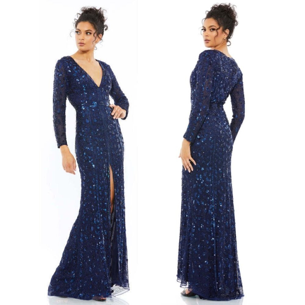 MAC DUGGAL Embellished Long Sleeve Evening Gown in Midnight Blue Size US 16 NWT